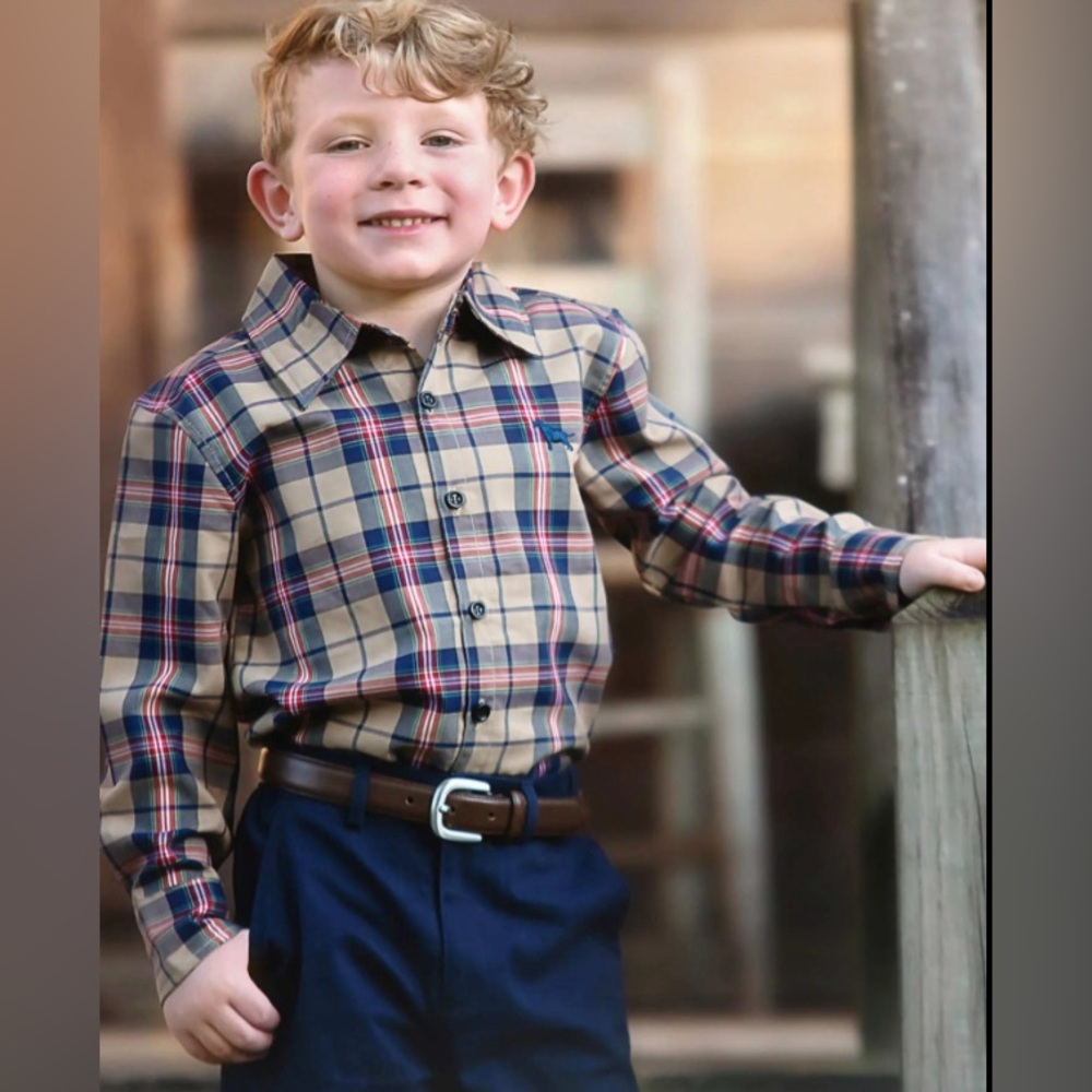 Trish Scully Boys Tan Navy Red Plaid Cotton Button Down Shirt Size 3 NWT‎